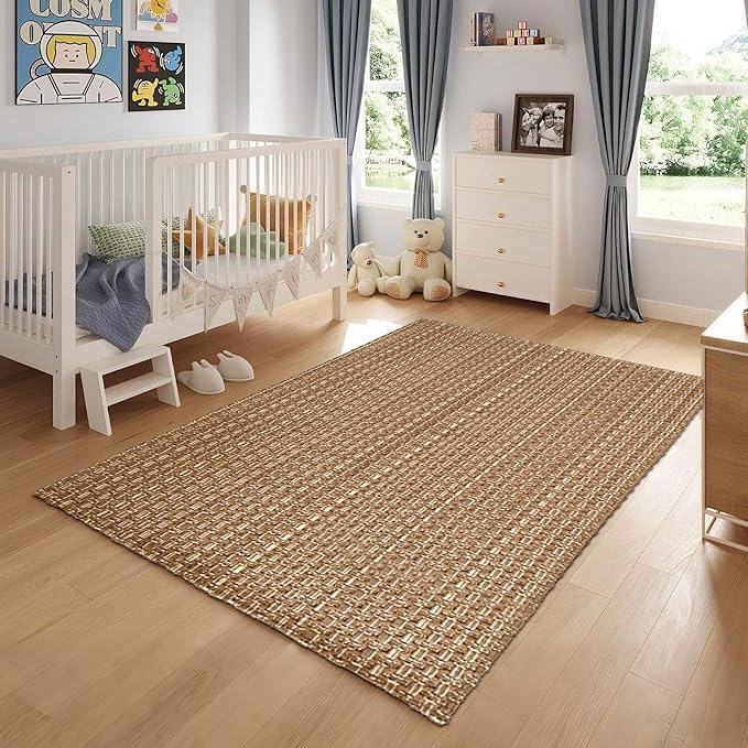 3x5 ft Rugs for Bedroom - Non-Slip Machine Washable Neutral Rug for Living Room,Faux Jute Rug,Braided Area Rug,Boho Solid Rugs for Home and Office,Very Soft,Stain-Resistan,Tan Brown