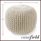 Casafield Round Pouf Ottoman, Natural - 20" Diameter x 14.5" High Cotton Knit Foot Stool - Boho Floor Pouffe for Living Room, Bedroom, Home Office