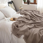 FOSSA Muslin Blanket with Fringe - 4-Layer 100% Cotton Gauze Super Soft & Breathable Throw -Lightweight Decorative Cooling Blanket for Bed, Sofa, Office (Pale Brown, Super King (108" × 98"))