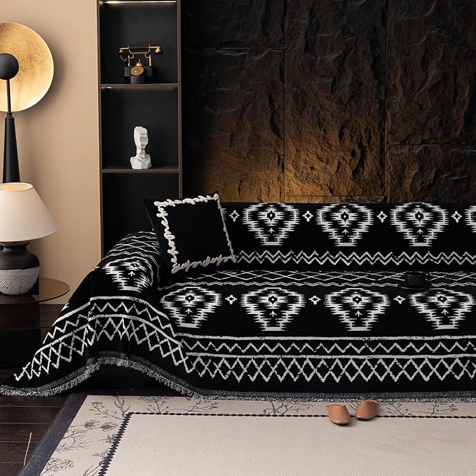 VClife Boho Couch Cover Chenille Sofa Cover for Sectional Sofa, Non Slip Couch Covers for 3 Seater Sofa Pet Friendly Sofa Protector with Tassel, Tribal Pattern Couch Slipcover, Black, 71"X134"