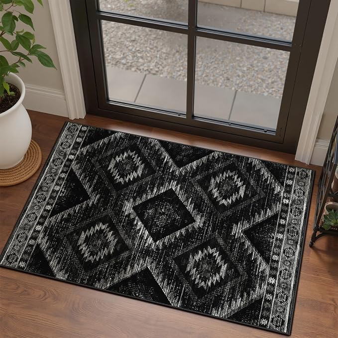 Area Rug 2x3 Rug Machine Washable Non-Slip Low Pile Print Pattern Western Rug for Living Room Bedroom Entryway Tribal Series-Black