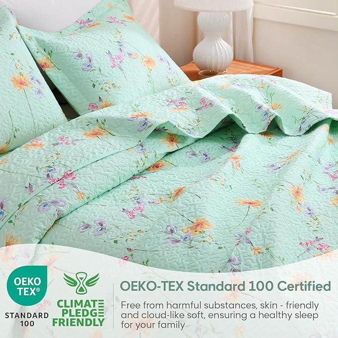 JSD Green Floral Quilt Set Twin Size, 2 Piece Printed Bedspreads Coverlet with Pillow Sham, Soft Microfiber Quilted Blanket