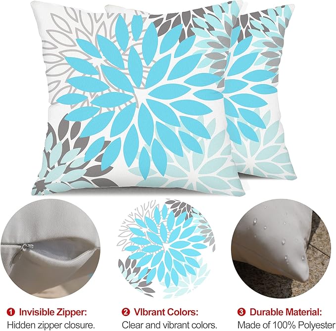 DFXSZ Sky Blue Flower Pillow Covers 16x16 Inch Set of 2 White Gray Colored Throw Pillows Outdoor Waterproof Decor for Living Room Sofa Patio Funiture Garden Floral Polyester Pillow Covers 002M16