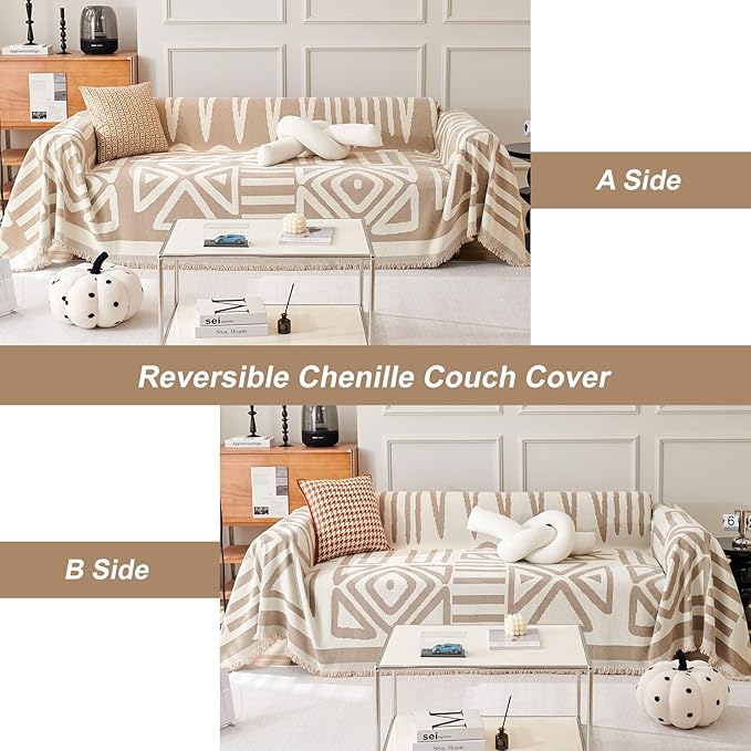 ROOMLIFE Khaki Boho Couch Cover for 3 Cushion Couch L Shape Sofa Covers for Sectional Sofa Reversible Silpcover for Dogs Washable Chenille Furniture Protector for Living Room, 71"x150"