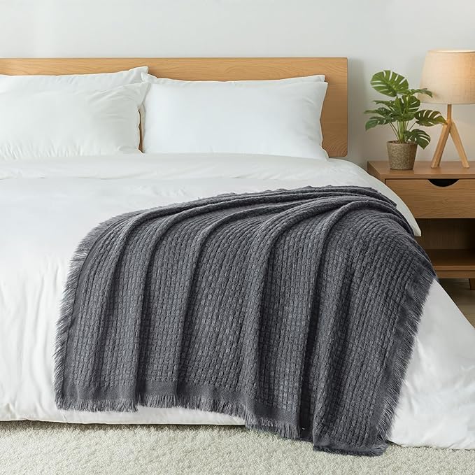 Exclusivo Mezcla Twin Size Knit Blanket with Fringes for Bed, Reversible Super Soft and Warm Woven Boho Throw for All Season, Home Decor, 60"x80", Dark Grey