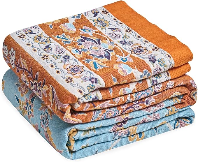 Boho Throw Blanket for Bed Cotton Spring Blankets for Bedroom Living Room Twin All Season Lightweight Floral Embroidery Quilt for Couch Sofa Chair 60"x80" Home Decor