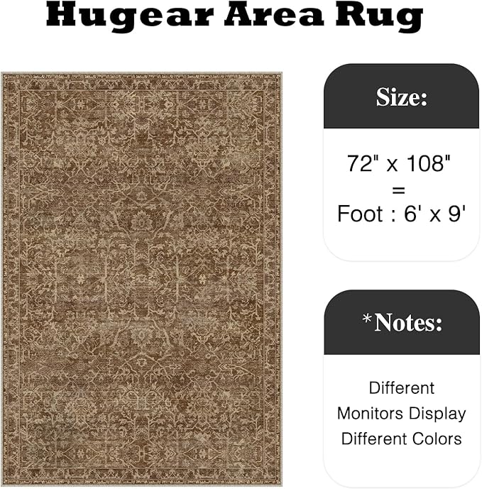 HUGEAR Area Rug 6x9 Brick Red Machine Washable Living Room Rugs Distressed Vintage Floral Vacuumable Low Pile Carpet Bedroom Office Dining Room Laundry Room Non Slip Soft Lightweight