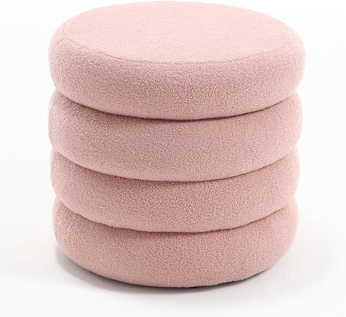 Boucle Ottoman with Storage Pink, Small Round Footrest Stool with Removable Lid, Upholstered Sherpa Vanity Chair for Bedroom Entryway