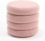 Boucle Ottoman with Storage Pink, Small Round Footrest Stool with Removable Lid, Upholstered Sherpa Vanity Chair for Bedroom Entryway