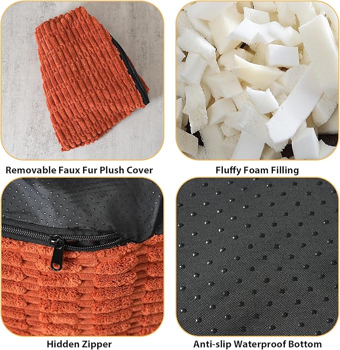 Round Stuffed Pouf Ottoman for Foot Rest, Storage Ottoman Pouf Foot Stool Cushion, Faux Fur Poufs with Foam Chunk Filling, 26 X 18 Inch Floor Chair for Living Room Bedroom Home Decor, Coral Orange