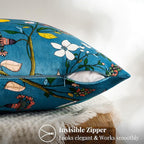 MUSSEL Stone Blue Velvet Throw Pillow Covers 20x20 Pack of 2, Vintage Floral Pillow Covers, Mid Century Flower Plant Cushion Covers for Sofa Living Room Home Decor