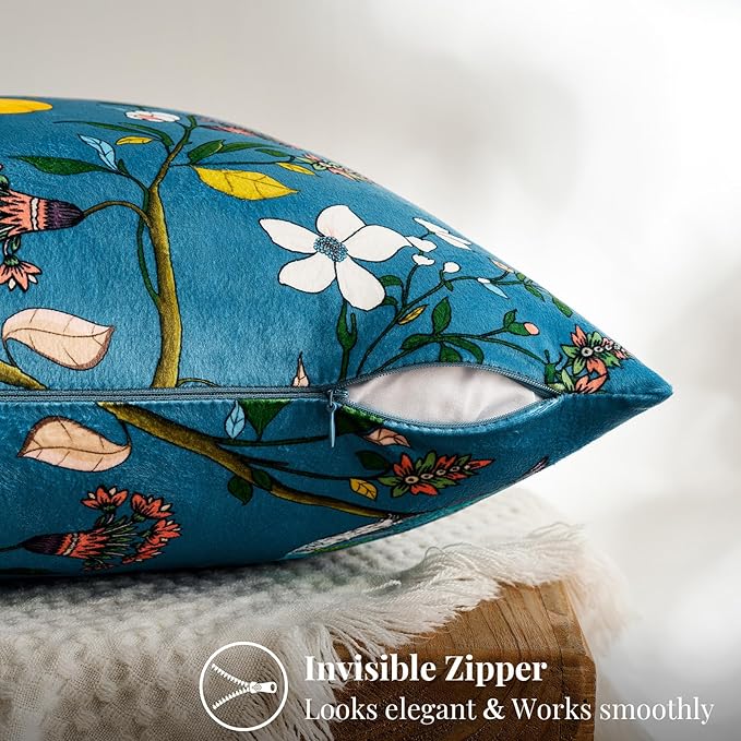 MUSSEL Stone Blue Velvet Throw Pillow Covers 16x16 Pack of 2, Vintage Floral Pillow Covers, Mid Century Flower Plant Cushion Covers for Sofa Living Room Home Decor