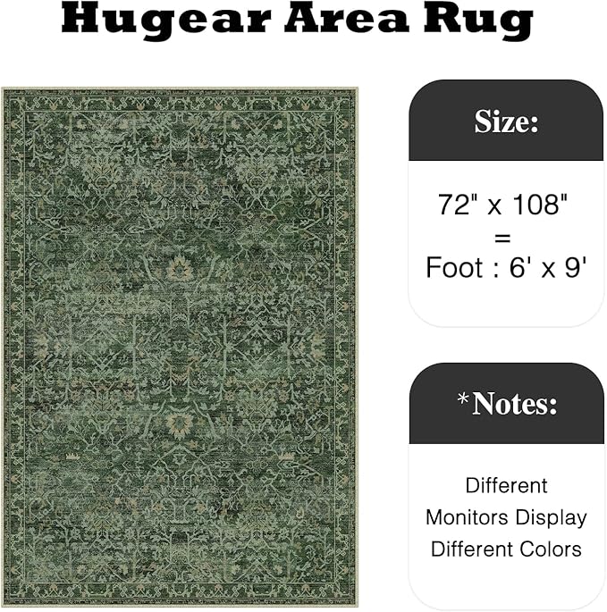 HUGEAR Area Rug 6x9 Retro Green Machine Washable Living Room Rugs Distressed Vintage Floral Vacuumable Low Pile Carpet Bedroom Office Dining Room Laundry Room Non Slip Soft Lightweight