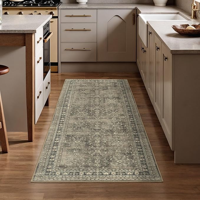 Lessymo Runner Rugs 2x6 ft, Vintage Brown Machine Washable Rug for Hallway Kitchen Bedroom, Non Slip Low Pile Soft Long Area Rug, Distressed Boho Floral Accent Carpet