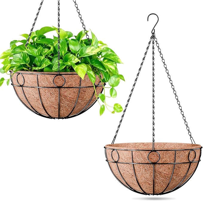 ZeeDix 2 Pack 14 Inch Metal Outdoor Plant Hanging Baskets, Round Wire Planter Basket with Coco Coir Liner, Large Hanging Flower Pots for Outdoor Garden Yard Patio Porch Balcony Decor
