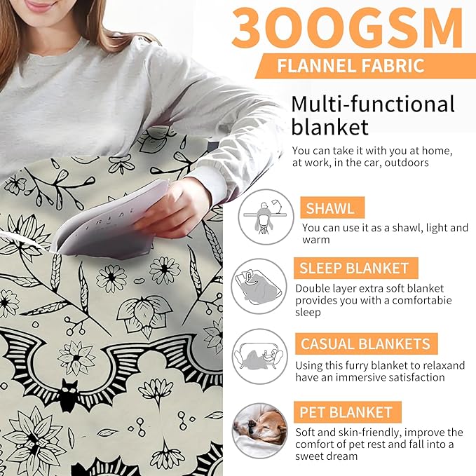 Throw Blanket for Couch, 300GSM Warm Soft Cozy Flannel Blanket, Cute Blanket for All Seasons Bedroom Home Decor Gifts, Grey Halloween Bats 50x60 Inches