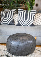 Moderner Faux Leather Pouf Unstuffed Ottoman Moroccan Footstool, Floor Footrest Cushion, Storage Solution - Natural Brown Color (Dark Grey, Round)