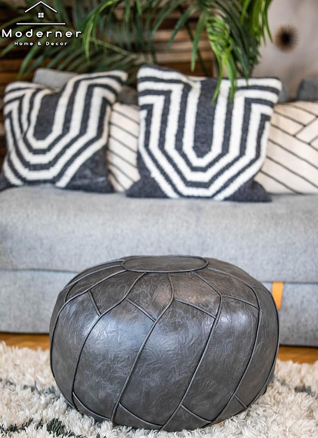 Moderner Faux Leather Pouf Unstuffed Ottoman Moroccan Footstool, Floor Footrest Cushion, Storage Solution - Natural Brown Color (Dark Grey, Round)