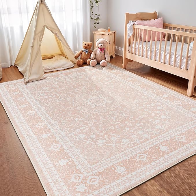 Lessymo 5x7 Area Rugs- Machine Washable Area Rugs, Super Soft Faux-Wool Area Rug for Living Room Bedroom, Boho Area Rug Vintage Floral Medallion Non-Slip Low Pile, Kid & Pet Friendly, Pink