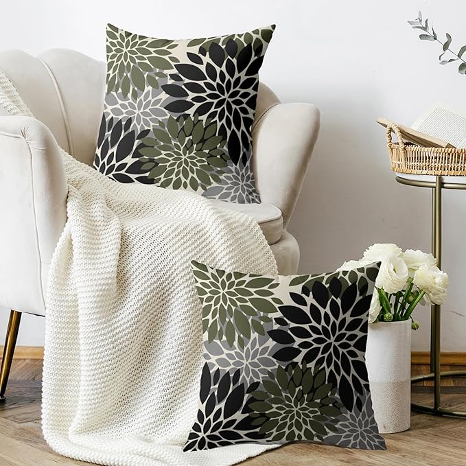 Black Olive Green Pillow Covers 24X24 Inch Set of 2, Spring Summer Floral Dahlia Flower Cream Decorative Throw Pillow Covers Outdoor Modern Farmhouse Cushion Case for Home Couch Sofa Bed Decor