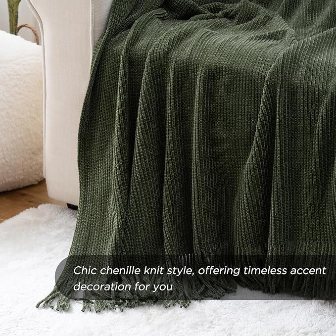 BATTILO HOME Olive Green Throw Blanket for Couch, Soft Chenille Knit Throws with Tassels for Home Decor, Green Throws for Couch Cover, 50"x60"