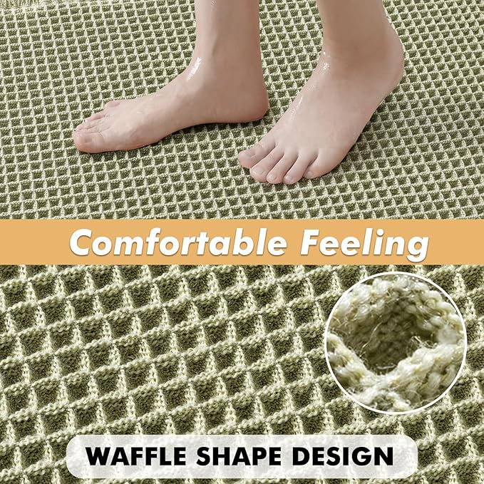 MIULEE Set of 2 Waffle Bathroom Rugs, Boho Bath Rugs Non Slip Washable, Super Absorbent Bath Mats, Ultra Soft Rubber Backed Shower Mats for Bathroom Floor, Tub, Sage Green, 17"x24"+18"x30"