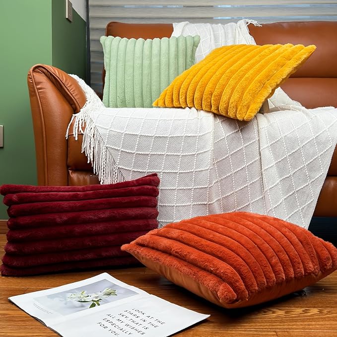 20x20 Throw Pillow Covers Set of 2, Decorative Faux Fur Covers for Bed, Couch Soft Fluffy Pillow Cover with Velvet Back for Living Room, Neutral Home Décor Accent for Sofa - Burnt Orange