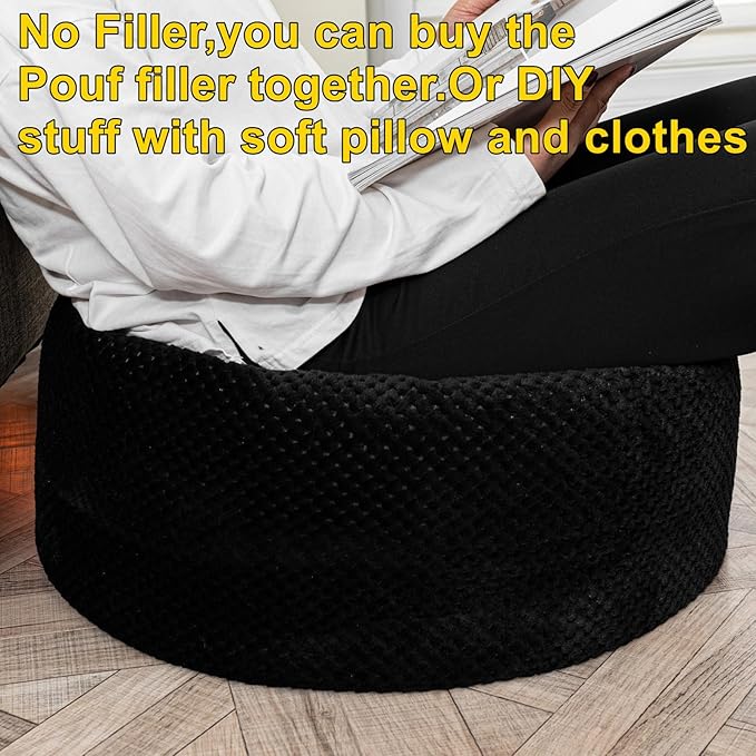 Asuprui Unstuffed Pouf Ottoman Round Poof Ottoman No Filler Soft Faux Fur Foot Stool 20x20x12 Inches Fuzzy Chair Floor Pouf Foot Rest with Storage for Living Room Bedroom Black