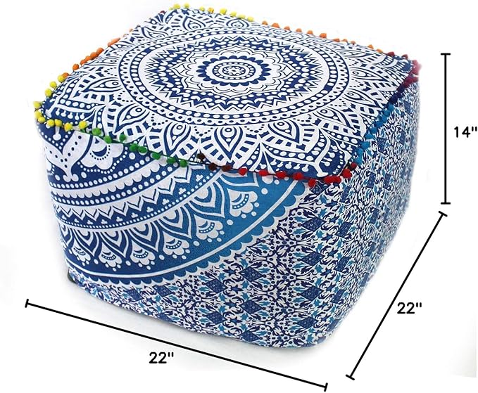 CRAFT KALA Indian Square Patchwork Traditional Pouf Cover Indian Living Room Poufs Cover Decorative Designer Ottoman Pom Pom Home Living Footstool Chair Cover Ottoman Decor 22X22X14 inches, Blue Ombre