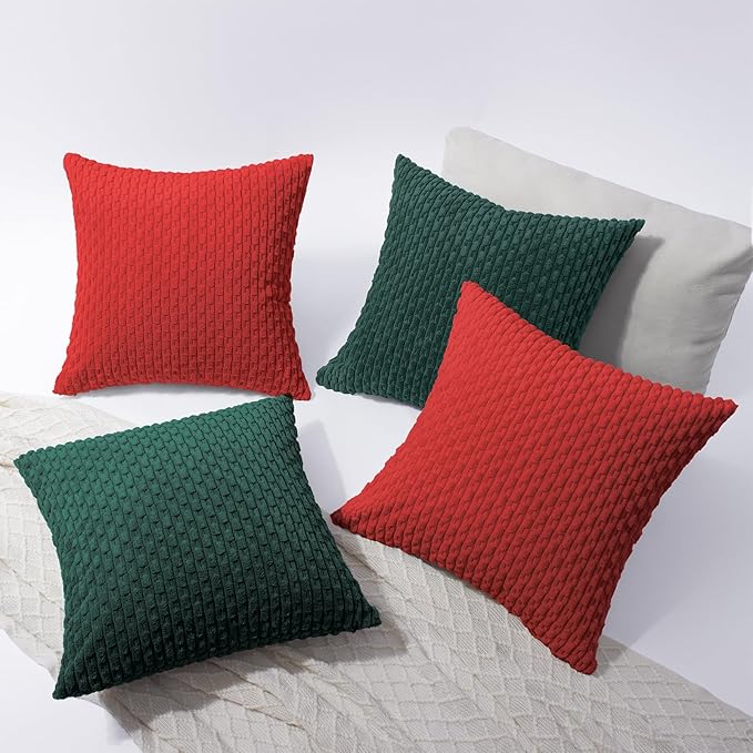 Softalker Throw Pillow Covers 12x20 Inch, Set of 4, Soft Corduroy Boho Stripe Decorative Pillow Cover, Couch Fluffy Pillow Cover for Farmhouse Home Decor Bed Living Room, Red/Green