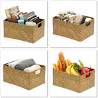 Hipiwe Seagrass Storage Basket Bin Rectangular Handwoven Wicker Storage Box with Handle Opened Baskets Box for Shelf Organizing Closet Bathroom, Caramel, Medium