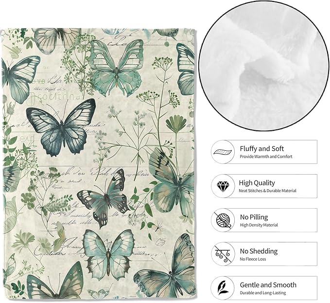 Retro Butterfly Throw Blanket - 40x50in,Ultra Soft, Cozy Lightweight Flannel,Botanical Floral Vintage Blankets - Gifts for Women & Nature Lovers,for Couch Home Living Room Tranquil Decor