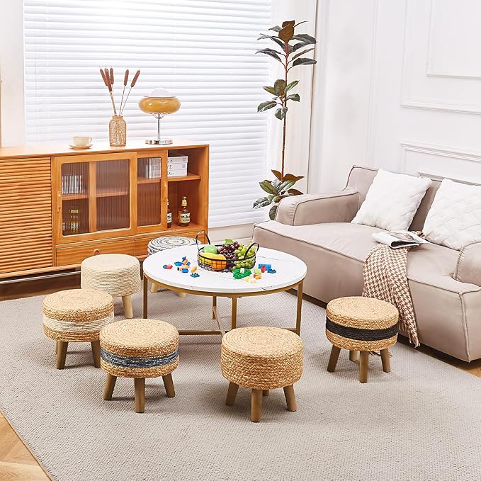 Cpintltr Round Ottoman Natural Seagrass Footstool Hand Weave Water Hyacinth Poufs Eco Friendly Sofa Foot Stool Soft Step Stool Padded Foot Rest with Pine Legs for Living Room (White)
