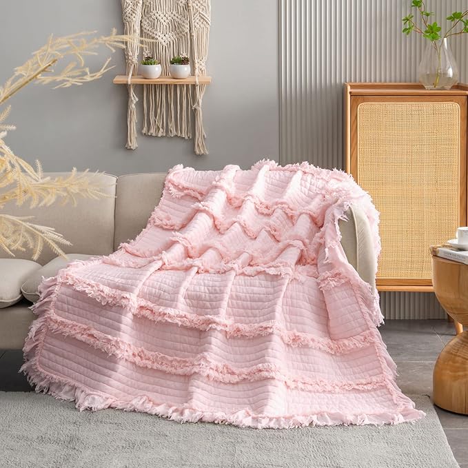Ultra Soft Pre-Washed Quilted Boho Pink Twin Size Blankets for Bed, Ruffle Fringed Decorative Throw, Stone Washed Chic Rustic Blanket for Sofa Couch Bed, 60"*80"