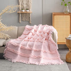 Ultra Soft Pre-Washed Quilted Boho Pink Twin Size Blankets for Bed, Ruffle Fringed Decorative Throw, Stone Washed Chic Rustic Blanket for Sofa Couch Bed, 60"*80"