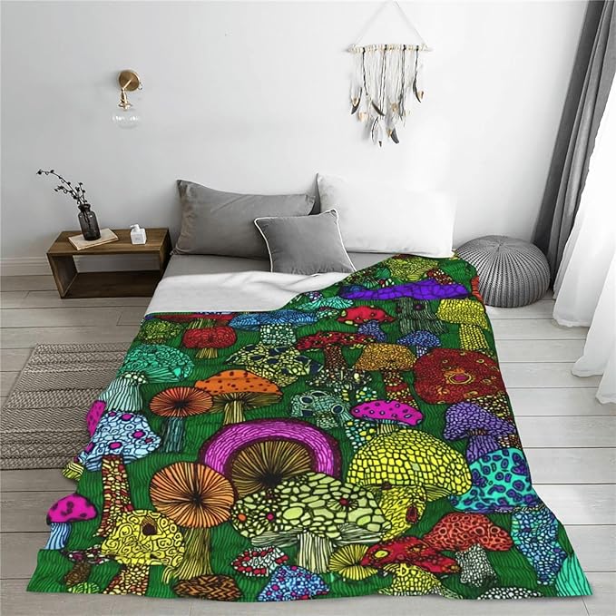 Colorful Mushroom Throw Blanket Soft Flannel Blanket 60"x50" in Bed Blanket Home Decor for Room Sofa Couch All Season