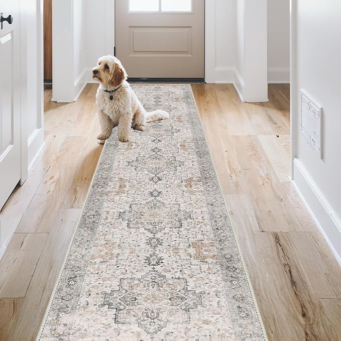 GENIMO 2x9 Runner Rugs for Hallway, Machine Washable Non Slip Vintage Rugs, Low Pile Soft Chenille Print Rug for enrtyway, Corridor, Home Office,Light Taupe Brown