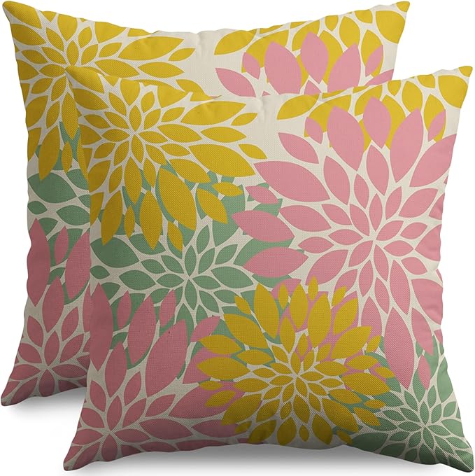 Yellow Pink Green Spring Floral Pillow Covers 20X20 Inch Set of 2, Colorful Easter Themed Colored Flower Decorative Throw Pillow Covers Outdoor Farmhouse Cushion Case for Couch Sofa Bed Decor