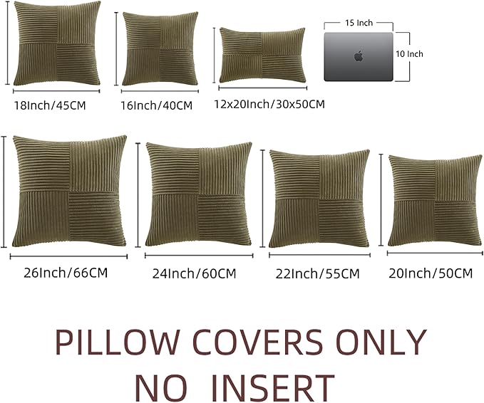 Fancy Homi 2 Packs Olive Green Samll Decorative Throw Pillow Covers 12x12 Inch with for Couch Bed Sofa, Rustic Farmhouse Boho Home Decor, Soft Corss Patchwork Corduroy Square Cushion Case 30x30 cm