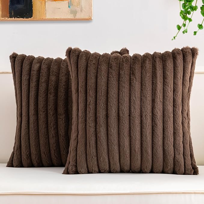 Pack of 2 Faux Fur Fall Throw Pillow Covers 16x16 Inch, Soft Plush Striped Neutral Couch Pillow Cover, with Velvet Back Modern Home Decor for Sofa Living Room Couch Bed Dark Coffee