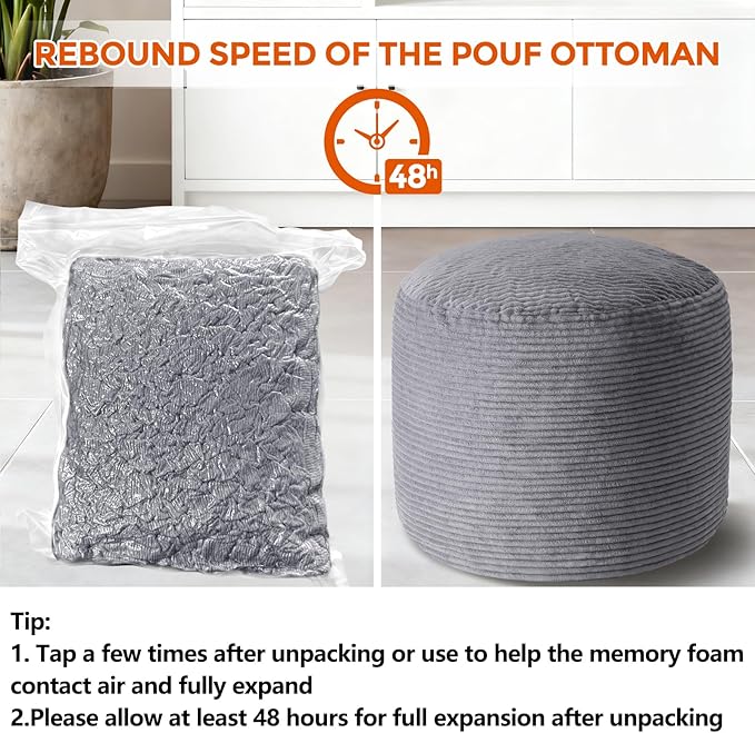 Pouf Ottoman Foot Rest, Comfortable & Soft, Round Footstool for Living Room, Bedroom, Office, Room Decoration, Corduroy Foot Stool Pouf with Odorless & Anti-Clump Filling, Small Dark Grey