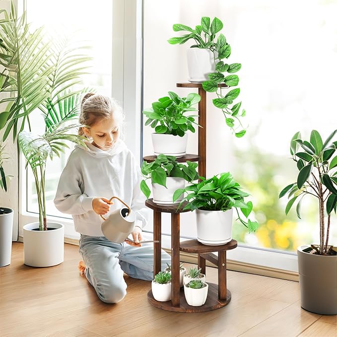 4 Tier Tall Plant Stand Indoor, Wood Corner Plant Shelf for Multiple Plants, Sturdy Oval Tiered Flower Pot Holder Display Rack for Living Room Balcony Patio,Carbonized Wood