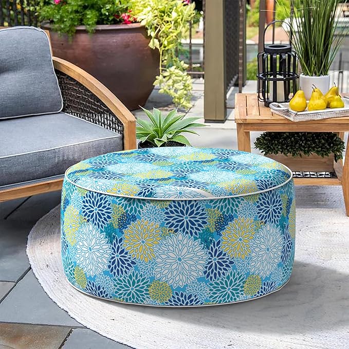 Indoor/Outdoor Inflatable Ottoman D31 x H14 inch, All Weather Ottoman Pouf, Portable Footstool Round Foot Rest Ottomans for Patio, Garden, Porch, Home, Dahlia Blue