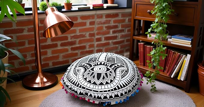 CRAFT KALA 32" Large Round Bohemian Floor Pillow Pouf Cover Mandala Meditation Room Pillow Cover for Adults Boho Seating Poufs Cushion Cover for Kids Playroom Black Hamsa Hand