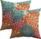 Blue Orange Burgundy Red Pillow Covers 18X18 Inch Set of 2, Spring Modern Geometry Dahlia Floral Decorative Throw Pillow Covers Outdoor Farmhouse Cushion Case for Couch Sofa Bed Decor
