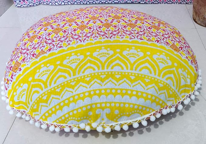 24" Yellow Orange Ombre Mandala Barmeri Large Floor Pillow Cover Cushion Meditation Seating Ottoman Throw Cover Hippie Decorative Zipped Bohemian Pouf Ottoman Pom Pom Cases 24 " round