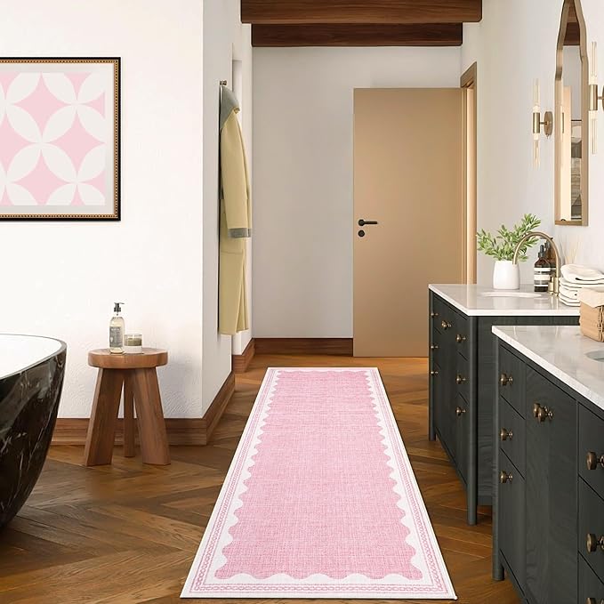 GarveeHome 2x10 Runner Rug for Hallway Washable Kitchen Rugs Non Slip Solid Pink Modern Minimalism Soft Low-Pile Scalloped Indoor Carpet for Entryway Laundry Room Floor Mats