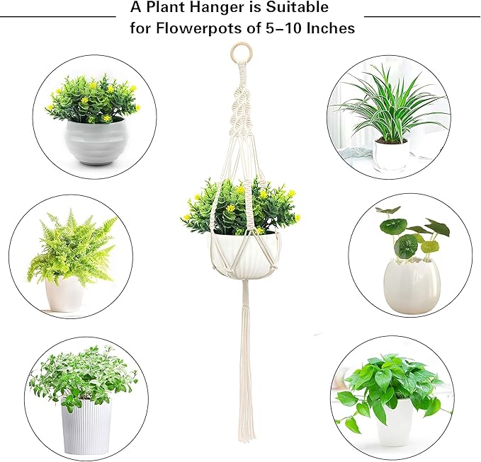 Macrame Plant Hanger, Hanging Planter Basket with Decorative Tassels, Decorative Flower Pot Holder for Indoor Outdoor Boho Home Decor, Set of 2 (Wooden Hanging Ring)