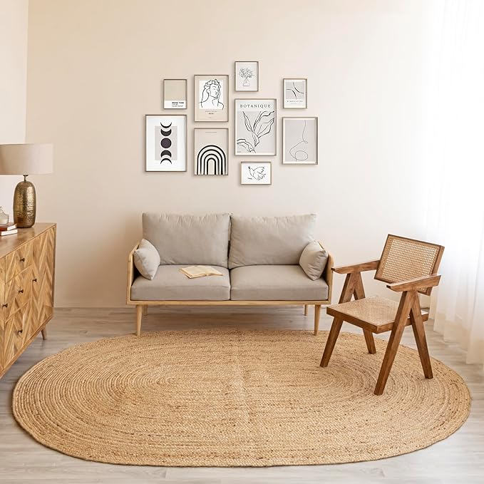 HOMEMONDE Reversible Oval Jute Area Rug - 4 x 6 ft Hand Woven Natural Fiber - Farmhouse Braided Rugs for Dining Room/Hallway/Office/Kitchen/Bedroom (Natural)