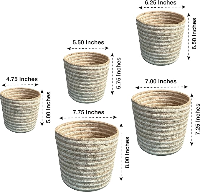 Planter Basket Set – 5-Piece Handwoven Jute Planter Basket for Home Decor, Nursery, or Indoor Plants (5'' to 8'' Diameter, 4.75'' to 7.75'' Height) – Wrinkle Free - Natural Beige with White Stripes